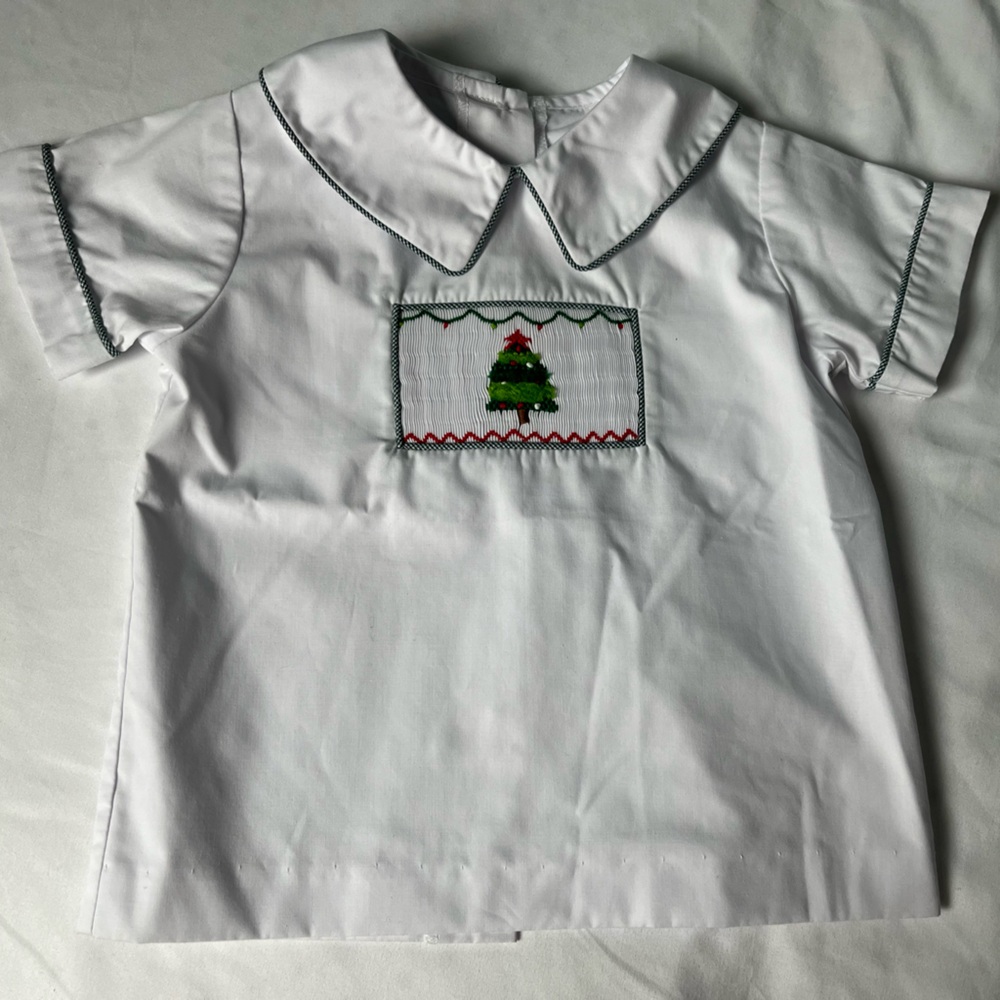 Christmas Holiday Zuccini smocked white blouse boys sz2T